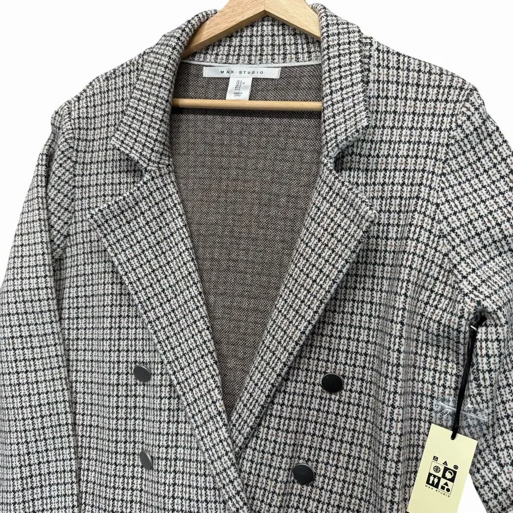 Max Studio Womens Blazer Jacket Sz L Brown Black White Houndstooth Double Breast